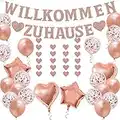 Willkommen Zuhause Deko Set, mit Rosegold Willkommen Zuhause Banner, Konfetti Luftballons Herz Stern Folienballon für Hause Familie Willkommen Baby Empfang Partei