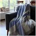 LINEN & COTTON Plaid Copriletto Morbido e Spesso Devon a Scacchi -100% Pura Lana Neozelandese, Grigio Blu Bianco (140x 200 cm) Coperte Invernali per Letto Divano Singolo Matrimoniale