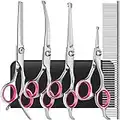 Professional 4CR Stainless Steel with Safety Round Tips Dog Grooming Scissors, Heavy Duty Titanium Coated 6 in 1 Pet Scissors for Dogs,Cats and Other Animals