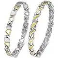 Vicmag 2PCS Titanium Steel Magnetic Bracelets for Women with Ultra Strength Magnetic, Neat and Sparkly Crystal Love Style Design, Gift Box with Adjustment Tool (Silver Gold)