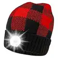 Unisex LED Beanie Hat with Light, 5 LED USB Rechargeable Hands Free Headlamp Knitted Cap, Winter Warm Plaid Flashlight Head Light Hat, Head Lamp Skull Cap for Camping Fishing Hiking, With Warning Light (Plaid-2)