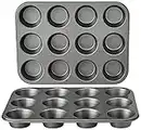 Amazon Basics Nonstick Round Carbon Steel Muffin Pan, 2-Pack, Grey