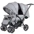 GYMAX Double Seat Stroller with Adjustable Push Handle, Detachable Canopy and Foot Rest, Foldable Baby Pushchair Buggy for Traveling, Going Shopping & Hanging Out (Grey)