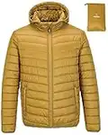 Outdoor Ventures Chaqueta acolchada ligera con capucha para hombre, abrigo hinchado aislado, resistente al agua, chaqueta para hombre, para senderismo, camping, viajes, amarillo, talla M