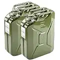 2 Pack Stainless Steel Gas Can 20L 5 Gallon Metal Gas Can Green with Fuel Can and Spout System, US Standard Cold-Rolled Plate Petrol Diesel Can - Gasoline Bucket with 3 Handles (13.8" x 6.5" x 17.9")