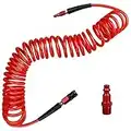 Hromee 1/4 in x 25 ft Polyurethane Recoil Air Hose with Bend Restrictors Compressor Hose with 1/4" Industrial Universal Quick Coupler and I/M Plug Kit, Red