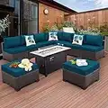Outdoor Patio Dark Brown Rattan 10 Piece Sectional Furniture Set PE Wicker Conversation Sofa with 45" Gas Fire Pit Table and Non-Slip 5" Thick Peacock Blue Cushion