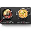 Aobosi Double Induction Hob,Induction Hobs with Slim Black Crystal Panel Body, Independent Control,Induction Cooker with 10 Temperature Setting,4-Hour Timer,2800W,Safety Lock