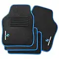 WOLTU Alfombrillas Universales para Coche, Alfombra Moqueta con Bordado de Sports, Alfombrilla Antideslizante para Todas Las Estaciones, 4 Piezas,65.5x45cm,33x45cm, Negro con Borde Azul AM7142bl