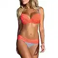 Minetom Femmes Été Deux Pièces Rembourré Trikini Accroché Cou Push-Up À Bretelle À Pois Maillot De Bain Bikini Set Orange FR 38