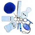 AMIR Safety Keychain Set for Women and Kids, 10 Pcs Safety Keychain Accessories, Self Defense Keychain Set for Girls with Safe Sound Personal Alarm, No Touch Door Opener, Whistle and Pom, Blue