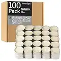 HomeLights Unscented White Tealight Candles -100 Pack, 6 to 7 Hour Burn Time Smokeless Tea Light Candles, Mini Votive Paraffin Candles with Cotton Wicks for Shabbat, Weddings, Christmas, Home Decor