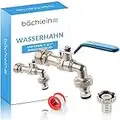 Bächlein Universal Wasserhahn für den Garten [blau] inkl. 2 Schlauchanschlüssen - edler Kugelhahn mit 1/2 und 3/4 Zoll Anschluss, Auslaufhahn aussen