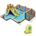 COSTWAY Castello Gonfiabile per bambini, Casa Gonfiabile con Scivolo, Piscina, con Borsa di Trasporto, Soffiatore e Kit di Riparazione, per 5 Bambini di 3-12 Anni, 465 x 500 x 200 cm