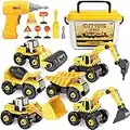 Vanplay 6 in 1 Take-Apart Construction Vehicles include Toy Drill & Box, Digger Excavators Truck Building STEM Learning Gift, Electric Drill Toy Set for Boys Girls 3 4 5 years old