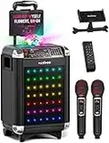 MASINGO Karaoke Machine for Adults & Kids with 2 Wireless Microphones - Portable Singing PA Speaker System w/Two Bluetooth Mics, Party Lights, Lyrics Display Holder & TV Cable - Soprano X1