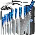 XYJ Authentic Since1986,Professional Knife Sets for Master Chefs,Chef Knife Set with Bag,Case, Scissors,Culinary Kitchen Butcher Knives,Cooking Cutting,Damascus Laser Pattern,Stainless Steel (Blue)