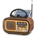 PRUNUS J-150 Radio Vintage Retro FM/Am/SW, Radio Portatil Pequeña Recargable de 1200mAh, o Funciona con 2 Pilas D, con Panel Solar, Transistores Radio con Bluetooth, Reproductor USB/TF de 5W.