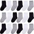 Duufin 18 Pairs Toddler Socks Kids Mid Cut Half Cushion Socks Breathable Unisex Socks for Baby Girls and Boys, Black White Grey, 1-2 Years