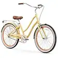 sixthreezero EVRYjourney Women's 7-Speed Step-Through Hybrid Cruiser Bicycle, 26" Wheels with 17.5" Frame, Cream with Brown Seat and Grips, Model:630034