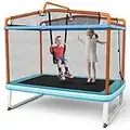 Goplus 3-in-1 6FT Kids Trampoline with Swing and Horizontal Bar, Mini Toddler Trampoline w/Enclosure Safety Net, Seamless Spring Cover, Outdoor Indoor ASTM Approved Rectangle Trampoline (Blue+Orange)