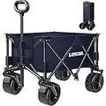 LUXCOL Collapsible Folding Wagon, Heavy Duty Utility Beach Wagon Cart for Sand with Big Wheels, Adjustable Handle&Drink Holders for Shopping, Camping,Garden and Outdoor (Blue)