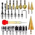 LAMPTOP 26-PACK Woodworking Chamfer Drilling Tools including 6 Countersink Drill Bits, 7 Three Pointed Countersink Drill Bit with L-wrench, 8 Wood Plug cutter, 3 Step Drill Bit, and Automatic For Wood Drilling