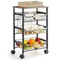 Carrito de Cocina 4 Ruedas, Carrito de Servicio de 4 Niveles, Carro con cestas metálicas con Tapa de Madera, Carro de Ahorro de Espacio para la Cocina, Baño, Restaurante