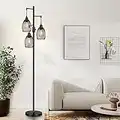 Dimmable Floor Lamp, 3 x 800LM LED Edison Bulbs Included, Farmhouse Industrial Floor Lamp Standing Tree Lamp with Elegant Teardrop Cage Head Tall Lamps for Living Room Bedroom Office Dining Room-Black