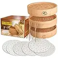 DEALZNDEALZ 3-Piece Bamboo Steamer Basket with Lid 10-inch 2-Tier, 50 Perforated Bamboo Steamer Liners with 2-Pairs of Bamboo Chopsticks