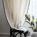 USTIDE 1Panel Cotton Linen White Window Curtain,Semi-Blackout Rod Pocket Curtains,Farmhouse Rustic Style Curtains with Black Tassels for Dining Room,Living Room,Bedroom,Balcony,59W×86L(150×220cm)