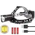 Brightest LED XHP90 Head Torch Rechargeable High Power Headlamp 120000 Lumens Adjustable Focus 3 Lighting Modes Led Headlamps Flashlight Lightweight Best for Running Camping Hiking Hunting Outdoors