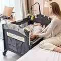 SKIH 5 in 1 baby bedside Sleeper, Bassinet with Toys & Music Box, Mattress, Foldable Playard, Portable Travel crib for Girl Boy Infant Newborn (Grey)