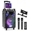 Moukey Karaoke Machine, 10" Subwoofer PA System, Bluetooth Speaker with 2 Wireless Microphones, Tablet Holder, Disco Lights, Remote, Wheels, Supports Bass/Treble Adjustment, TWS/REC/AUX/MP3/USB/FM/TF
