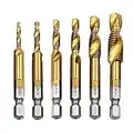 Bestgle 6 Packs Hex Shank Titanium Coated Countersink Tap Drill Bit Set HSS Screw Thread Metric Combination Tap Drill, M3-M10