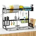 MERRYBOX 2-Tier Adjustable Length (25.6-33.5in), Stainless Steel Dish Drainer with Cutting Board Holder, Large Dish Rack for Kitchen Counter Organizer Space Saver, Over The Sink Dish Drying Rack