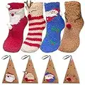 Kuaikely 4 Paia Calzini da Babbo Natale, Calze Natalizie Donna, Calzini Natalizi Calzini Divertenti in Cotone, Calzini in Pile Corallo, Calze Pelose Donna, Ragazze Regalo di Natale