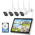 1080P All-in-one Wireless Security Camera System with 12" Monitor, 8CH NVR Wireless Camera System with 3TB Hard Drive, 4pcs Outdoor Wireless WiFi Cameras, 24/7 Recording, Motion Detection, App Alert