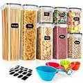 Familybox Contenitori Ermetici per Alimenti, Set di 8 Barattoli Cucina Plastica con Coperchio, Dispensers Cereali con Etichette, Cucchiai e Penna per Farina, Pasta, Cibo Animali