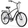 sixthreezero EVRYjourney Steel Bicicleta híbrida de 7 velocidades para hombre, bicicleta de 26 pulgadas, color gris mate con asiento negro y puños negros