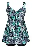 DANIFY Plus Size Swimsuits for Women Tankini Swimdress Tummy Control Swimwear Two Piece Bathing Suit Cover up Swim Dress, Green Leaf, 24