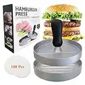 Burger Press Patty Maker Mold - Food Grade Aluminum Non-Stick Hamburger Press Burger Maker with ABS Handle, 100 Wax Patty Papers Ideal for BBQ Grill Press