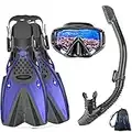 Snorkel Mask Set for Adults Diving Swimming Equipment with Flippers, Snorkelling Antifog Mask and Gear with Breathing Tube Fins & Mesh Backpack for Men, Women (M)