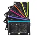 BAZIC Pencil Pouch 3 Ring Binder Pouch w/ Rivet Enforced Rings Holes, Neon Black Color Mesh Window Zipper Pouches, 6-Pack