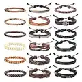HANPABUM 18pcs Braided Leather Bracelets for Men Women Woven Cuff Wrap Bracelet Wood Beads Ethnic Tribal Bracelets Adjustable