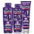 L'Oréal Paris Elvive Purple Routine completa anti-giallo, kit con 2 shampoo e 1 balsamo, azione anti-giallo per capelli biondi, decolorati o schiariti con pigmenti viola e filtro UV, grigio, 3 unità