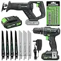 GALAX PRO Cordless Power Tool Kit, 20N.m Single Speed Drill Driver 20V, Reciprocating Saw 0-3000SPM, 1.3Ah Li-ion Battery and Charger-for DIY and Home Tools