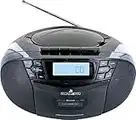 SCHWAIGER 658026 Lettore CD con cassette e radio MP3 Connessione USB Radio FM Cuffie AUX Boombox Funzionamento a rete e a batteria Display portatile nero