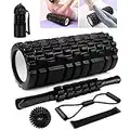 Rullo Massaggio Muscolare, Qveetry 6 in 1 Foam Roller Rullo in Schiuma Pallina Massaggiante Bastone Massaggio bande di resistenza per Stretching Yoga Pilates Rilascio Miofasciale (Nero)