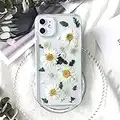 Tybiky - Custodia per Apple iPhone 11 Pro Max, trasparente, con veri fiori secchi e cristalli, realizzata a mano, fiori bianchi e foglie verdi